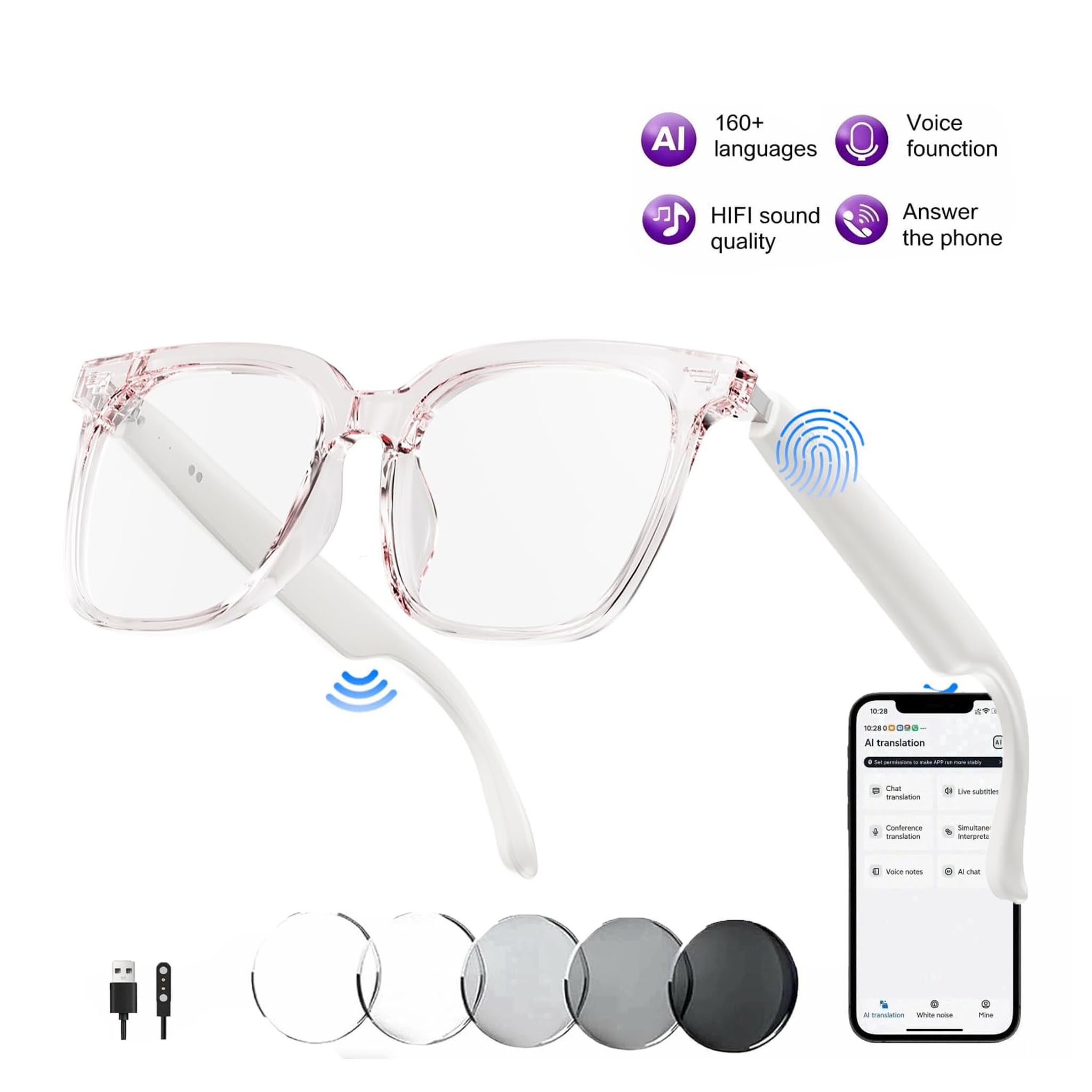 Smart Glasses Lens - Pink Bluetooth Smart Glasses Multifunctional Translation